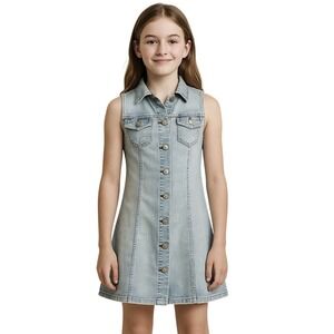 Silver Jeans Co Denim Dress Girls M 10/12 Bleach Wash Button Front NWT Stretch